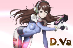 Rule 34 | 101 (lo10), 1girl, ;3, arm support, bodysuit, breasts, brown eyes, brown hair, charm (object), covered navel, cowboy shot, d.va (overwatch), facial mark, finger on trigger, gloves, gradient background, gun, headphones, leaning forward, long hair, looking at viewer, one eye closed, overwatch, overwatch 1, pilot suit, pink background, skin tight, small breasts, smile, solo, swept bangs, weapon, whisker markings, white gloves