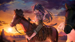 Rule 34 | 1girl, :d, absurdres, animal ear fluff, animal ears, arknights, barefoot, black gloves, black hair, black hat, cat ears, cat girl, cat tail, cloud, cloudy sky, collared shirt, cowboy hat, dress shirt, gloves, green eyes, grey pants, hand up, hat, highres, horseback riding, jessica (arknights), kourou (kouroukun), long hair, looking at viewer, mountain, multicolored hair, open mouth, outdoors, pants, plaid, plaid shirt, ponytail, purple hair, riding, shirt, short sleeves, single glove, sky, smile, soles, solo, streaked hair, sunset, tail, very long hair