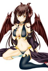 Rule 34 | 1girl, bare shoulders, black gloves, black thighhighs, blush, breasts, brown hair, demon girl, demon horns, demon wings, detached sleeves, earrings, elbow gloves, gloves, hand on own chest, horns, jewelry, lirshana, long hair, looking at viewer, maou no hajimekata, medium breasts, moonsorrow, simple background, single thighhigh, solo, thighhighs, white background, wings, yellow eyes