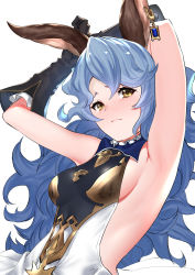 Rule 34 | 1girl, animal ears, armpits, arms behind head, arms up, backless dress, backless outfit, bare shoulders, black gloves, blue hair, blush, breasts, dress, earrings, elbow gloves, erune, ferry (granblue fantasy), gloves, granblue fantasy, highres, jewelry, long hair, looking at viewer, rabbit ears, saru (pixiv13751598), sideboob, simple background, single earring, small breasts, solo, wavy hair, white background, yellow eyes
