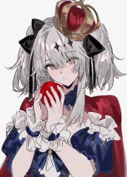 Rule 34 | 1girl, aogisa, apple, azur lane, black ribbon, blue dress, cape, crown, dress, food, fruit, grey hair, highres, holding, holding food, holding fruit, joffre (azur lane), joffre (ensorcelled snow white) (azur lane), long hair, looking at viewer, mini crown, official alternate costume, red cape, red eyes, ribbon, short sleeves, simple background, solo, white background