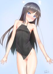 Rule 34 | 10s, 1girl, 2017, artist name, asashio (kancolle), bad id, bad pixiv id, black hair, blue background, blue eyes, blush, breasts, cameltoe, cleft of venus, dated, kantai collection, kanzaki muyu, long hair, looking at viewer, panties, simple background, small breasts, solo, tears, underwear, underwear only, white panties