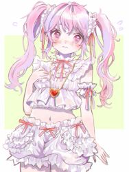 Rule 34 | 1girl, bloomers, blush, cowboy shot, crop top, crying, detached sleeves, flying sweatdrops, frilled shirt collar, frills, frown, hair ribbon, heart, heart in eye, heart pendant, jewelry, long hair, midriff, navel, neck ribbon, necklace, nose blush, original, pink eyes, pink hair, ribbon, shiina (user ecjx4545), shirt, sleeveless, sleeveless shirt, solo, symbol in eye, tears, twintails, underwear