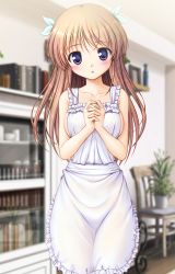 Rule 34 | 10s, 1girl, :o, apron, bekkankou, blue eyes, blurry, blush, book, bookshelf, chair, collarbone, cowboy shot, daitoshokan no hitsujikai, depth of field, highres, indoors, light brown hair, long hair, looking at viewer, naked apron, official art, own hands clasped, own hands together, plant, potted plant, shirasaki tsugumi, solo