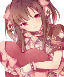 Rule 34 | 1girl, alternate hairstyle, blunt bangs, blush, bow, breasts, brown dress, brown eyes, brown hair, dot nose, dress, fingerless gloves, gloves, hair bow, hair ribbon, holding, idolmaster, idolmaster cinderella girls, idolmaster cinderella girls starlight stage, long hair, looking at viewer, medium breasts, mizumoto yukari, open mouth, pink ribbon, puffy short sleeves, puffy sleeves, ribbon, short sleeves, simple background, smile, solo, twintails, upper body, wato (ko), white background, white gloves
