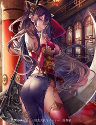 Rule 34 | architecture, ass, bad id, bad pixiv id, blue eyes, breasts, brown hair, column, company name, detached sleeves, east asian architecture, hair between eyes, holding, holding weapon, index finger raised, lantern, large breasts, long hair, official art, pillar, sangokushi taisen, scythe, solo, standing, very long hair, watermark, weapon, yukisame