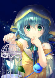 Rule 34 | 1girl, alternate costume, bad id, bad pixiv id, bare shoulders, birdcage, bug, butterfly, cage, chireiden, dress, glowing, green hair, hand to own mouth, hood, bug, jin rikuri, komeiji koishi, looking at viewer, silver hair, sleeveless, sleeveless dress, solo, sparkle, star-shaped pupils, star (symbol), symbol-shaped pupils, third eye, touhou, yellow dress