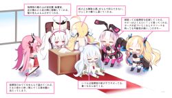Rule 34 | 6+girls, :d, ahoge, animal ears, azur lane, backless dress, backless outfit, black footwear, black hairband, black jacket, black ribbon, black skirt, blonde hair, blue legwear, blush, book, boots, cameltoe, camisole, chair, chibi, closed eyes, closed mouth, commander (azur lane), desk, double bun, dress, drooling, eldridge (azur lane), fang, hair between eyes, hair bun, hair ribbon, hairband, hamakaze (azur lane), hat, headgear, hobby (azur lane), jacket, kalk (azur lane), kneehighs, kokone (coconeeeco), laffey (azur lane), le malin (azur lane), long hair, long sleeves, looking away, mouth drool, multicolored hair, multiple girls, office chair, on chair, open clothes, open jacket, open mouth, pantyhose, peaked cap, pink hair, pink legwear, pleated skirt, profile, rabbit ears, red eyes, red hairband, ribbon, sitting, skirt, sleeping, sleeves past fingers, sleeves past wrists, smile, socks, standing, streaked hair, swivel chair, thighhighs, translation request, twintails, two side up, very long hair, white background, white camisole, white dress, white hair, white headwear, white legwear, wide sleeves, window