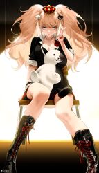 Rule 34 | 1girl, absurdres, artist name, bear hair ornament, black bra, black footwear, black shirt, boots, bow, bra, breasts, chair, choker, cleavage, closed mouth, collarbone, collared shirt, commentary request, cross-laced footwear, crown, danganronpa: trigger happy havoc, danganronpa (series), enoshima junko, expressionless, eyelashes, feet out of frame, fingernails, grey eyes, hair ornament, hand up, highres, knee boots, lace-up boots, light brown hair, long fingernails, long hair, looking at viewer, medium breasts, miniskirt, monokuma, nail polish, on chair, pleated skirt, red bow, red nails, red skirt, school uniform, shirt, sidelocks, sitting, skirt, sleeves rolled up, sowb, swept bangs, twintails, underwear, v, white shirt, wooden chair