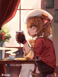Rule 34 | 1girl, absurdres, alternate costume, black gloves, black skirt, closed mouth, commentary, commentary request, cup, curtains, english commentary, fingerless gloves, flandre scarlet, from side, gloves, hair ribbon, highres, holding, holding cup, indoors, long sleeves, mixed-language commentary, one side up, outdoors, plant, potted plant, red eyes, red ribbon, red shirt, ribbon, shirt, signature, sitting, skirt, solo, teacup, thighhighs, top-exerou, touhou, white headwear, white thighhighs, window