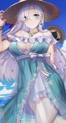 Rule 34 | 1girl, anastasia (fate), anastasia (swimsuit archer) (fate), anastasia (swimsuit archer) (first ascension) (fate), beach, blue eyes, breasts, dress, earrings, fate/grand order, fate (series), hat, highres, ippers, jewelry, long hair, pendant, silver hair, smile, straw hat, sundress, swimsuit, swimsuit under clothes, viy (fate)