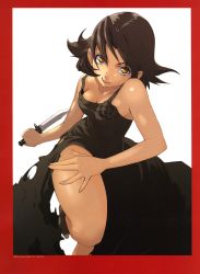 Rule 34 | 00s, 1girl, absurdres, baccano!, bob cut, border, breasts, brown hair, chane laforet, cleavage, dress, enami katsumi, formal, highres, knife, medium breasts, official art, red border, short hair, smile, solo, torn clothes
