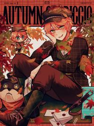 Rule 34 | 1boy, autumn, autumn leaves, bag, unworn bag, bell, blonde hair, blush, brown pants, chibi, chibi inset, dated, dog, english text, falling leaves, full body, green eyes, green socks, hair between eyes, hand on own cheek, hand on own face, highres, holding, holding bell, holding letter, identity v, jacket, knee up, leaf, letter, long sleeves, looking at viewer, male focus, maple leaf, official alternate costume, open mouth, pants, plaid, plaid jacket, plaid socks, scarf, shirt, short hair, sitting, smile, socks, solo, stitched mouth, stitches, sweater vest, symbol-shaped pupils, tendenbarabara, twitter username, victor grantz, victor grantz (autumn reverie), white shirt, wick (identity v), yellow pupils