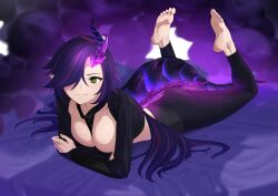 Rule 34 | 1girl, barefoot, feet, green eyes, hair over one eye, highres, long hair, looking at viewer, lying, on stomach, original, pointy ears, smile, soles, the pose, toes
