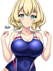 Rule 34 | 1girl, blonde hair, blue eyes, blue one-piece swimsuit, blush, braid, breasts, colorado (kancolle), competition swimsuit, covered navel, cowboy shot, dated, hair between eyes, highres, kantai collection, large breasts, looking at viewer, montemasa, multicolored clothes, multicolored swimsuit, one-piece swimsuit, short hair, side braids, signature, simple background, smile, solo, swimsuit, twitter username, two-tone swimsuit, upper body, white background
