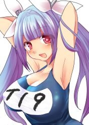 Rule 34 | 10s, 1girl, armpits, arms up, blue hair, breasts, i-19 (kancolle), kantai collection, large breasts, long hair, one-piece swimsuit, one eye closed, personification, red eyes, school swimsuit, solo, star-shaped pupils, star (symbol), swimsuit, symbol-shaped pupils, tokoro (1969), twintails, wink
