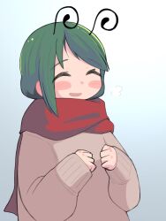 Rule 34 | 1girl, alternate costume, antennae, blush, breath, brown sweater, closed eyes, commentary request, enpera, gradient background, green hair, grey background, highres, long sleeves, medium bangs, open mouth, red scarf, scarf, short hair, smile, solo, sweater, swept bangs, touhou, ugif, upper body, wriggle nightbug