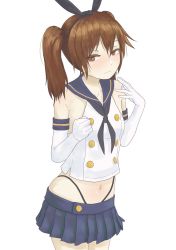 Rule 34 | 1girl, black neckerchief, black panties, blue sailor collar, blue skirt, breasts, brown eyes, brown hair, clenched hand, closed mouth, cosplay, elbow gloves, gloves, hair between eyes, hairband, highleg, highleg panties, highres, kantai collection, miniskirt, neckerchief, nito (nshtntr), panties, ryuujou (kancolle), sailor collar, shimakaze (kancolle), shimakaze (kancolle) (cosplay), simple background, skirt, small breasts, solo, twintails, underwear, white background, white gloves