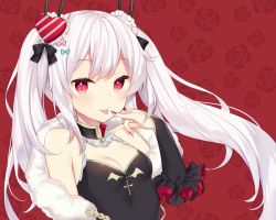 Rule 34 | 1girl, :p, azur lane, bare shoulders, bekotarou, black dress, black ribbon, breasts, bridal gauntlets, china dress, chinese clothes, cleavage, dress, fang, feather boa, finger to mouth, floating hair, floral background, frills, hair ornament, hair ribbon, hand up, heart, heart hair ornament, long hair, looking at viewer, nail polish, pointy ears, red background, red eyes, red nails, ribbon, sidelocks, sleeveless, sleeveless dress, slit pupils, small breasts, smile, solo, striped, tongue, tongue out, twintails, upper body, vampire (azur lane), vampire (the breath of spring) (azur lane), white hair