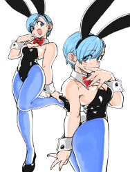 Rule 34 | 1girl, absurdres, animal ears, aqua hair, bare shoulders, black footwear, black leotard, blue pantyhose, blush, bow, breasts, bulma, cleavage, commentary request, covering own mouth, cuffs, dragon ball, earrings, eyes visible through hair, fake animal ears, high heels, highres, jewelry, leotard, multiple views, open mouth, pantyhose, playboy bunny, rabbit ears, rabbit tail, red neckwear, short hair, simple background, sleeveless, smile, tail, toshinoshin, white background