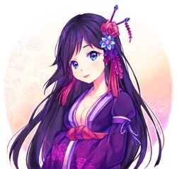 Rule 34 | 1girl, artist name, black hair, blush, borrowed character, bow, breasts, cleavage, closed mouth, collarbone, commission, floral print, flower, hair flower, hair ornament, hair stick, hairpin, hands in opposite sleeves, head tilt, hyanna-natsu, lips, lipstick, long hair, long sleeves, looking at viewer, makeup, no bra, obi, original, own hands together, pink lips, red bow, red flower, red rose, rose, sash, simple background, smile, solo, tareme, tassel, underbust, upper body, very long hair