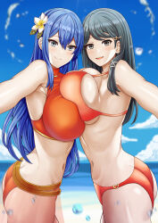 Rule 34 | 2girls, :d, absurdres, armpit crease, ass, asymmetrical docking, bare shoulders, beach, bikini, bikini skirt, blue eyes, blue hair, blue sky, blush, breast press, breasts, butt crack, caeda (fire emblem), caeda (summer) (fire emblem), cleavage, closed mouth, cloud, commentary, commission, cowboy shot, day, english commentary, fire emblem, fire emblem: mystery of the emblem, fire emblem: shadow dragon and the blade of light, fire emblem heroes, flower, groin, hair between eyes, hair flower, hair ornament, hairclip, heart, heart hair ornament, highres, in-franchise crossover, large breasts, long hair, looking at viewer, multiple girls, navel, nintendo, ocean, official alternate costume, open mouth, oribe tsubasa, outdoors, outstretched arm, red bikini, saikunartworks, see-through, see-through skirt, sidelocks, skirt, sky, smile, standing, stomach, swept bangs, swimsuit, teeth, tokyo mirage sessions fe, upper teeth only, water drop