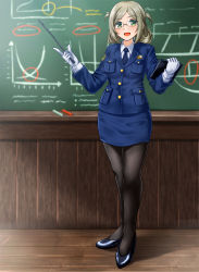 Rule 34 | 1girl, alternate costume, black footwear, blue jacket, blue skirt, blush, breasts, folded ponytail, glasses, gloves, green eyes, highres, jacket, kantai collection, katori (kancolle), large breasts, looking at viewer, military, military uniform, necktie, open mouth, pantyhose, pencil skirt, pointer, shirt, shoes, silver hair, skirt, smile, solo, standing, uniform, white gloves, white shirt, zanntetu
