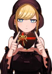 1girl alice_lendrott bare_shoulders black_dress black_veil blonde_hair blue_eyes box breasts candy chocolate chocolate_heart cleavage closed_mouth commentary_request cross cross_earrings dress earrings eyelashes food frilled_dress frills hands_up heart heart-shaped_box heart-shaped_pupils highres holding holding_chocolate holding_food inoue_koharu jewelry large_breasts long_sleeves looking_at_viewer shinigami_bocchan_to_kuro_maid simple_background solo swept_bangs symbol-shaped_pupils upper_body veil white_background