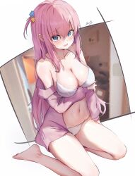 Rule 34 | 1girl, @ @, absurdres, bare legs, bare shoulders, barefoot, bikini, blue eyes, blurry, blurry background, blush, bocchi the rock!, breasts, cameltoe, chris preston, cleavage, collarbone, commentary, cube hair ornament, feet, from above, gotoh hitori, hair between eyes, hair ornament, highres, jacket, large breasts, legs, long hair, looking at viewer, navel, one side up, open clothes, open jacket, open mouth, pink hair, pink jacket, signature, sitting, solo, stomach, swimsuit, thighs, toes, very long hair, white background, white bikini