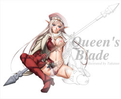 Rule 34 | 00s, 1girl, alleyne (queen&#039;s blade), alleyne (queen's blade), alternate color, beret, blush, boots, braid, breasts, cape, cleavage, elbow gloves, elf, fighting master alleyne, gloves, hat, leaf print, long hair, panties, pointy ears, polearm, print panties, queen&#039;s blade, see-through, side braid, sketch, solo, staff, takatan, thigh boots, thighhighs, underwear, weapon, x-ray