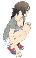 Rule 34 | 1girl, black bra, bra, breasts, brown eyes, brown hair, brown shirt, cleavage, commentary request, downblouse, full body, matching hair/eyes, mattaku mousuke, medium breasts, no socks, open mouth, original, ponytail, shirt, shoes, shorts, simple background, sneakers, solo, squatting, t-shirt, underwear, white background