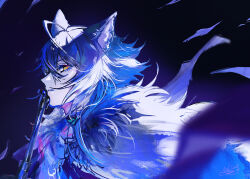 Rule 34 | 1boy, ahoge, animal ear fluff, animal ears, arknights, blue cloak, blue hair, blurry, blurry foreground, cloak, commentary request, dated, depth of field, ear piercing, fur-trimmed cloak, fur trim, gun, hair between eyes, highres, looking at viewer, male focus, myluche, parted lips, piercing, signature, solo, upper body, vigil (arknights), weapon, yellow eyes