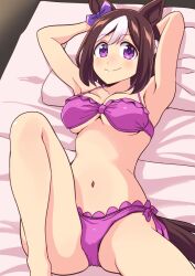 animal_ears armpits arms_up bed blush breasts cleavage closed_mouth collarbone horse_ears horse_girl horse_tail looking_at_viewer medium_breasts medium_hair navel pillow ponzu_rui purple_eyes smile special_week_(umamusume) swimsuit tail umamusume