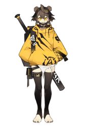 Rule 34 | 1girl, absurdres, animal ears, backpack, bag, baseball bat, black bag, black choker, black hair, black nails, black thighhighs, brown hair, buttons, choker, eyelashes, gradient clothes, hair between eyes, hair ornament, hands in pockets, highres, hood, hood down, hoodie, indie virtual youtuber, long eyelashes, looking at viewer, mask, mouth mask, multicolored hair, nail polish, open mouth, pouch, short hair, simple background, smile, solo, standing, teeth, thigh pouch, thigh strap, thighhighs, toenail polish, toenails, tongue, torn, torn clothes, triangle, virtual youtuber, white background, xiloi, yellow eyes, yellow hoodie