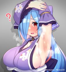 Rule 34 | .live, 1girl, ?, armpits, arms up, blue hair, blush, breasts, cleavage, detached sleeves, hair over one eye, highres, large breasts, long hair, presenting armpit, red eyes, sideboob, sweat, sweatdrop, virtual youtuber, yamato iori, yoshiwa tomo
