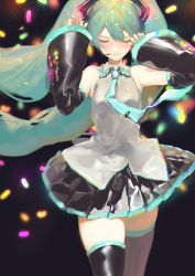 Rule 34 | 1girl, absurdres, bare shoulders, black skirt, black thighhighs, blue nails, blue necktie, blush, closed eyes, crying, detached sleeves, facing viewer, fingernails, floating hair, floating neckwear, grey shirt, hands up, hatsune miku, highres, hoojiro, long hair, long sleeves, microphone, nail polish, necktie, shirt, shoulder tattoo, skirt, sleeveless, sleeveless shirt, smile, solo, tattoo, tears, thighhighs, very long hair, vocaloid, wiping tears