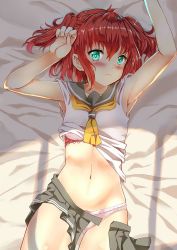 Rule 34 | 10s, 1girl, arms up, blush, bra, clothes lift, clothes pull, green eyes, kurosawa ruby, lace, lace-trimmed bra, lace trim, love live!, love live! sunshine!!, lying, navel, on back, panties, pink bra, pink panties, red hair, school uniform, serafuku, shirt lift, short hair, skirt, skirt pull, solo, two side up, underwear, xephonia