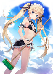 Rule 34 | 1girl, arm garter, bare arms, bare legs, bikini, black bikini, blonde hair, blue eyes, blush, breasts, broom, cloud, cloudy sky, day, eyebrows, frilled bikini, frills, from below, from side, hair ribbon, holding, hyuuga azuri, long hair, looking at viewer, maid, maid bikini, maid headdress, miniskirt, original, ribbon, skirt, sky, small breasts, solo, swimsuit, tareme, twintails, unconventional maid, very long hair, wet