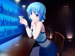 Rule 34 | 10s, 1girl, alcohol, bar (place), bare shoulders, belt, blue eyes, blue hair, blush, bottle, chair, checkered floor, cocktail, cocktail glass, cup, denim, denim skirt, drinking glass, fingernails, from side, game cg, glass, hair ornament, hairclip, hand on own cheek, hand on own face, head rest, highres, himuro rikka, holding, indoors, jewelry, jpeg artifacts, koutaro, lamp, light rays, looking at viewer, matching hair/eyes, midriff, miniskirt, nail, ring, shelf, shirt, short hair, sitting, skirt, sleeveless, smile, solo, tank top, thighs, tied shirt, tropical kiss