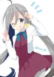 Rule 34 | 10s, 1girl, azu a, cowboy shot, grey eyes, grey hair, grey pantyhose, hair between eyes, highres, kantai collection, kiyoshimo (kancolle), long hair, looking at viewer, low twintails, pantyhose, school uniform, shirt, simple background, solo, twintails, twitter username, very long hair, white background, white shirt