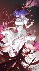 Rule 34 | 1girl, barefoot, blood, blood on clothes, cherry blossoms, commentary request, corruption, dress, fate/stay night, fate (series), full body, hair ribbon, heaven&#039;s feel, matou sakura, official alternate costume, purple hair, ribbon, skirt hold, smile, white dress, yinghuo