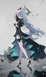 Rule 34 | 1girl, absurdres, animal ears, black dress, black footwear, black gloves, blue archive, blue eyes, breasts, closed mouth, cross hair ornament, dark halo, dress, extra ears, feint721, full body, gloves, grey hair, hair between eyes, hair ornament, halo, high heels, highres, large breasts, long hair, long sleeves, mismatched pupils, shiroko (blue archive), shiroko terror (blue archive), solo, white background, wide sleeves, wolf ears