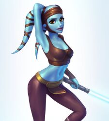 Rule 34 | 1girl, aayla secura, alien, arm behind head, armpits, blue lightsaber, blue skin, breasts, brown eyes, brown pants, brown shirt, colored skin, crop top, energy sword, highres, holding lightsaber, lekku (anatomy), lightsaber, looking at viewer, navel, pants, shirt, simple background, single sleeve, small breasts, solo, star wars, sword, tight clothes, tight pants, twi&#039;lek, twinji, weapon, white background