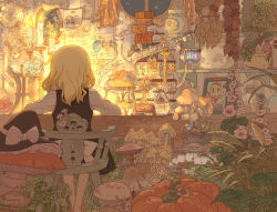 Rule 34 | 10s, 1girl, 2015, alice margatroid, artist name, beaker, black hat, blonde hair, book, book stack, candle, candy apple, cauldron, chair, dahuang, dated, flask, flower, food, from behind, hat, hat ribbon, herb, indoors, kirisame marisa, lily of the valley, long sleeves, mima (touhou), mushroom, photo (object), pumpkin, quill, ribbon, round-bottom flask, shanghai doll, shirt, short hair, signature, sitting, skirt, skirt set, solo, star (sky), teapot, touhou, touhou (pc-98), unworn hat, unworn headwear, vest, window, witch hat, writing