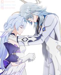 Rule 34 | 1boy, 1girl, bare shoulders, blue hair, breasts, brother and sister, closed eyes, coat, commentary, cowboy shot, detached sleeves, dress, from side, gloves, grey hair, hand on another&#039;s shoulder, head wings, highres, honkai: star rail, honkai (series), long hair, odeko yma, own hands together, profile, robin (honkai: star rail), short sleeves, siblings, simple background, small breasts, standing, strapless, strapless dress, sunday (honkai: star rail), very long hair, white background, white coat, white dress, white gloves, wings, yellow eyes