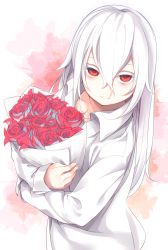 Rule 34 | 1girl, albino, bags under eyes, bouquet, closed mouth, collared shirt, colored eyelashes, commentary, expressionless, eyelashes, flower, from above, gradient background, hair between eyes, highres, holding, holding bouquet, long hair, long sleeves, looking at viewer, looking up, original, otokuyou, pink hair, red eyes, red flower, red rose, rose, shiroi ko (otokuyou), shirt, sleeves past wrists, solo, upper body, white hair, white shirt, wing collar, wrapper