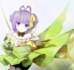 Rule 34 | 1girl, antenna hair, bare shoulders, black shorts, breasts, brown gloves, detached collar, dress, fairy wings, fate/grand order, fate (series), flower, gloves, green dress, hair ribbon, highres, kino kokko, long sleeves, looking at viewer, murian (fate), off shoulder, orb, puffy sleeves, purple eyes, purple hair, ribbon, short hair, shorts, small breasts, solo, two side up, wings, yellow ribbon