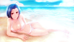 Rule 34 | 1girl, ahoge, arm support, bad id, bad pixiv id, beach, bikini, blue hair, breasts, cleavage, cloud, day, highres, idolmaster, idolmaster (classic), ima (lm ew), large breasts, looking at viewer, lying, miura azusa, navel, ocean, on side, outdoors, red eyes, shiny skin, short hair, sky, smile, solo, swimsuit, wallpaper, water
