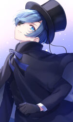 Rule 34 | 1boy, absurdres, black capelet, black gloves, black headwear, black shirt, blue background, blue eyes, blue hair, blue ribbon, buttons, capelet, ciel phantomhive, closed mouth, commission, eyepatch, eyewear strap, gloves, gradient background, hat, highres, kishinaito, kuroshitsuji, long sleeves, looking at viewer, male focus, petals, ribbon, shirt, short hair, solo, top hat, white background