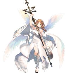 Rule 34 | 1girl, amazuyu tatsuki, angel wings, animal ears, aquaplus, bare shoulders, breasts, brown hair, choker, cleavage, cleavage cutout, closed mouth, clothing cutout, curly hair, dress, eyelashes, feathered wings, full body, fumirul, gradient eyes, hair ornament, highres, holding, holding staff, holding weapon, large breasts, large wings, long hair, looking at viewer, mitsumi misato, multicolored eyes, official art, sandals, sideboob, sidelocks, sleeveless, solo, staff, staff (weapon), standing, standing on one leg, tail, transparent background, utawarerumono, utawarerumono: futari no hakuoro, utawarerumono: lost flag, weapon, wings, yellow eyes